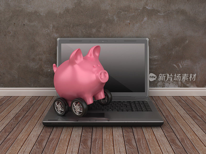 电脑笔记本电脑与小猪银行在轮子上- 3D渲染